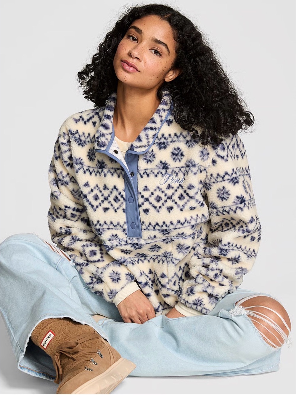 PINK Victoria's Secret Blue Buttonn-Up Sherpa Jacket